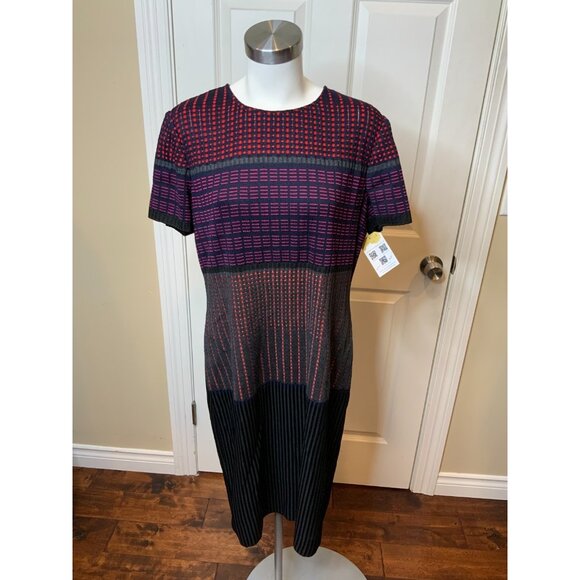 St. John Navy Blue & Red Dot Geometric Print Knit Midi Dress NWT, Size 14 - Picture 1 of 7